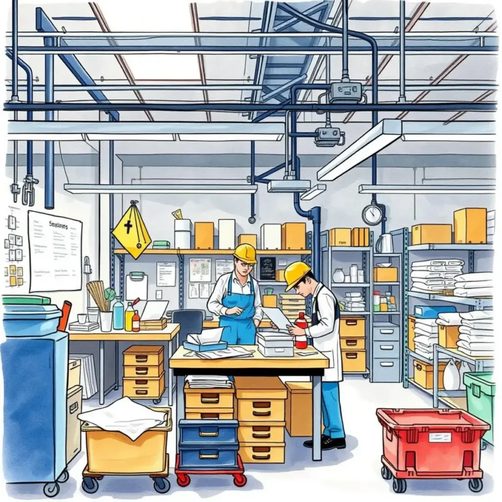 Shine audit reporter: Compile reports on cleanliness standards 1 Two workers assessing cleanliness standards in a manufacturing workspace.