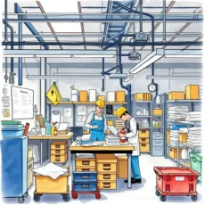Two workers assessing cleanliness standards in a manufacturing workspace.