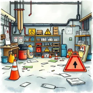 Workplace safety guide generator: Produce comprehensive guidelines for training sessions 3 Scattered safety equipment and warning signs in a cluttered workplace training area.