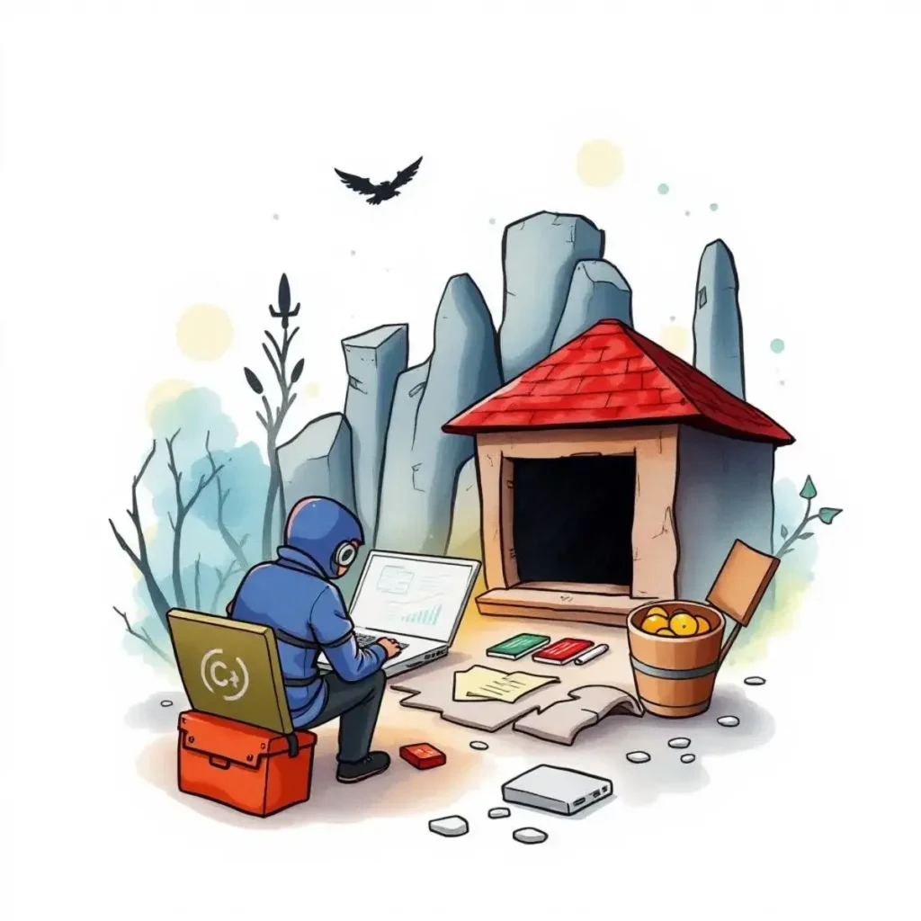 Yara syntax helper: Assist in correct rule formatting 1 A malware analyst using a laptop near a wooden structure surrounded by rocks and foliage.